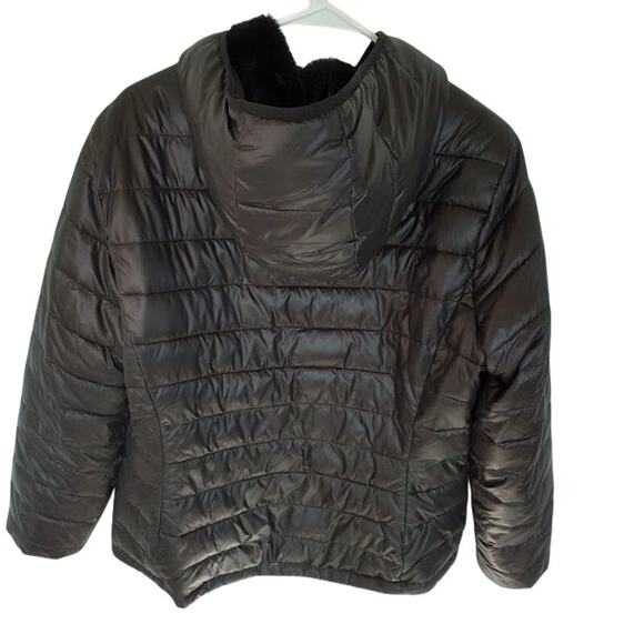 Andrew Marc Reversible Black Hooded Puffer Faux Fur Jacket Women’s Large - Picture 2 of 7